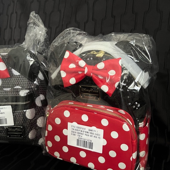 Disney Parks Loungefly Minnie black sequin backpacks with bows